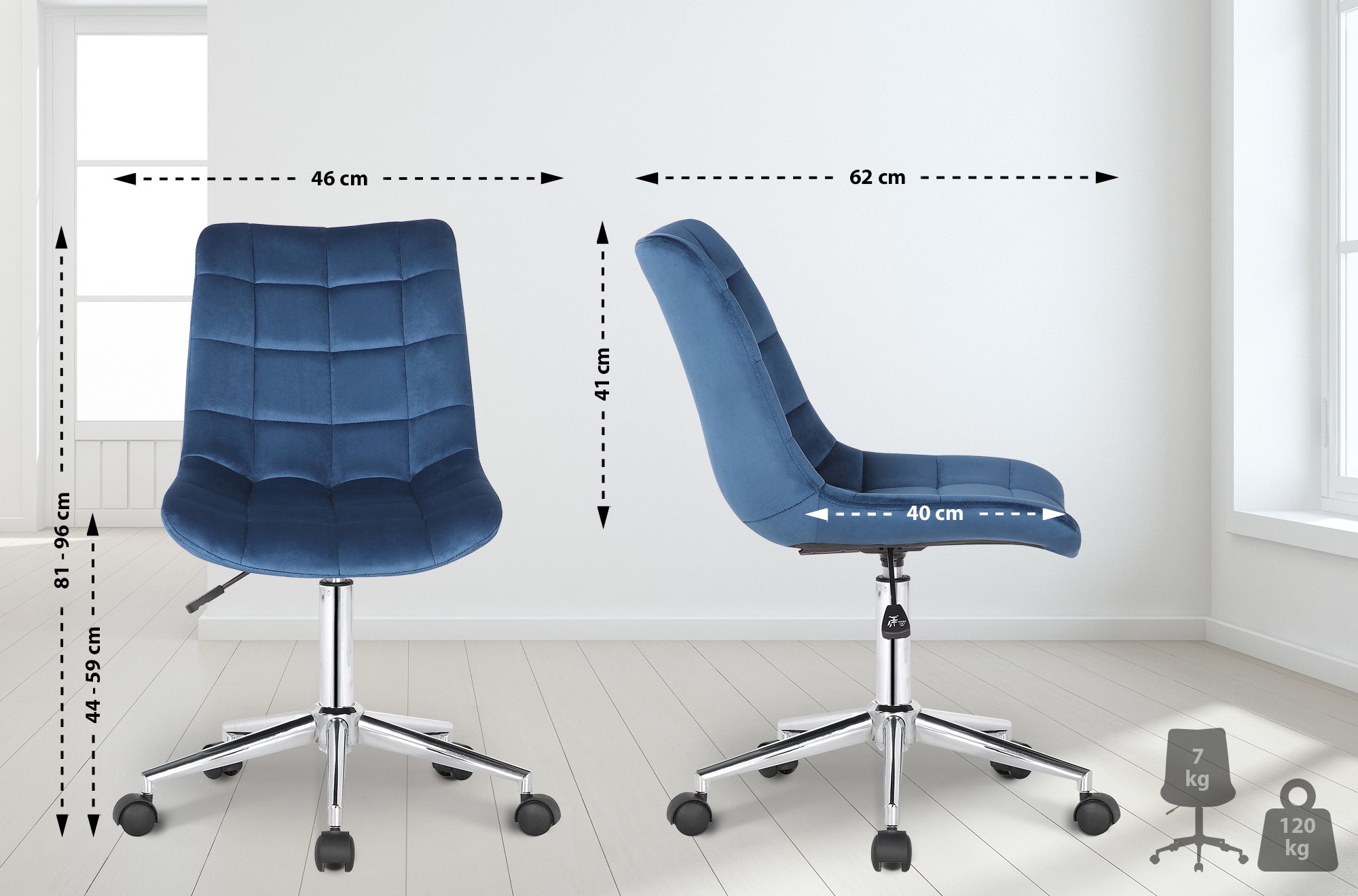 Chaise de bureau pivotant Medford en Velours avec Hauteur ajustable et Roulettes