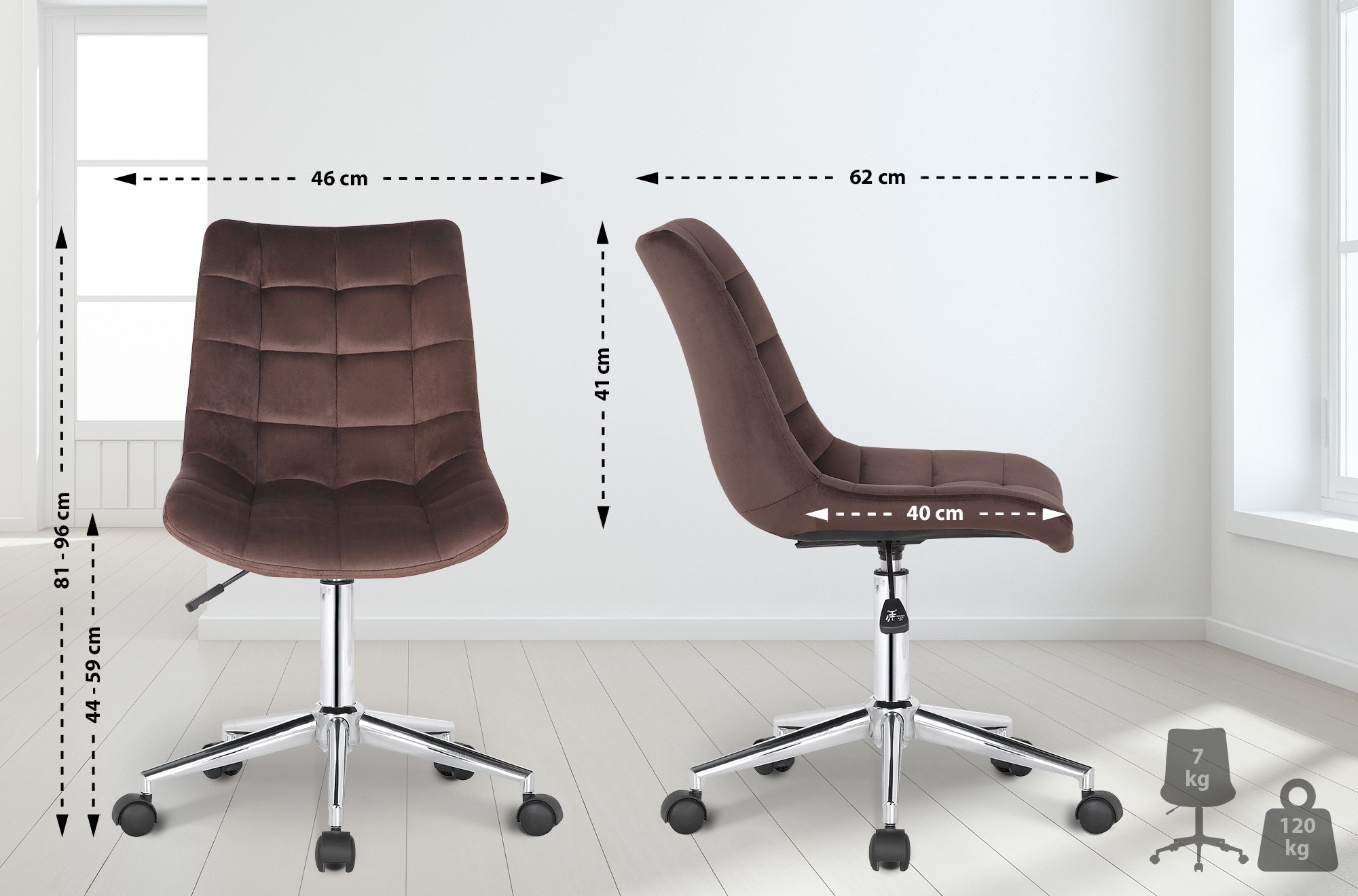 Chaise de bureau pivotant Medford en Velours avec Hauteur ajustable et Roulettes