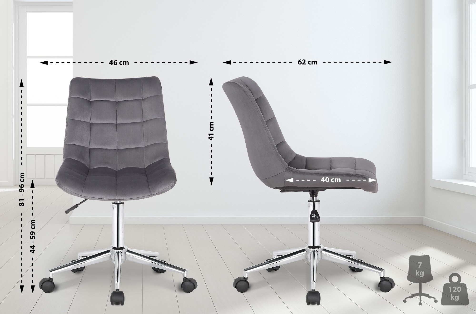 Chaise de bureau pivotant Medford en Velours avec Hauteur ajustable et Roulettes